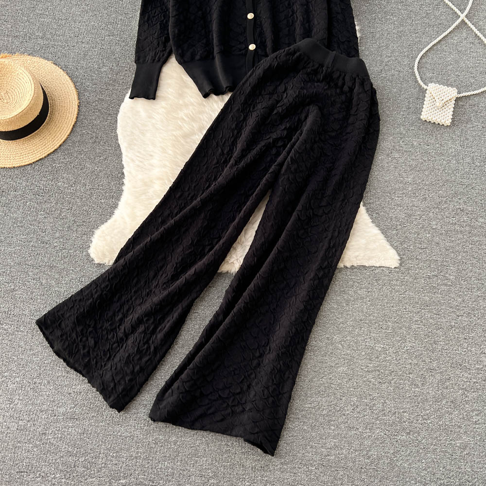 Women's Two Piece Pants Autumn Winter Autumn Winter Knitted Warm Suit Fashion Metal Single Breasted Cardigan Sweater Wide Leg Tracksuits 2pcs Fem