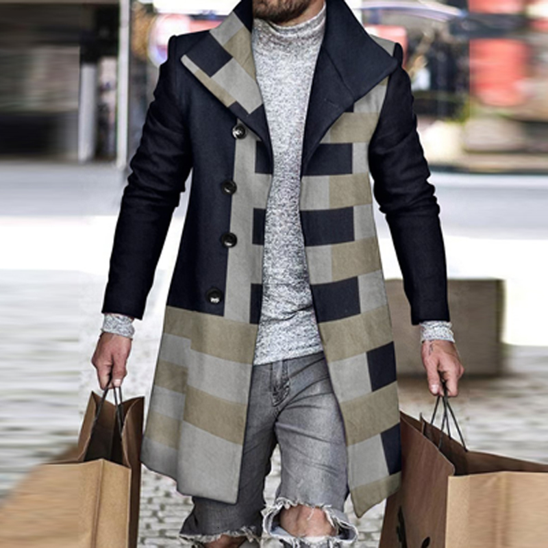 Mens Wool Blends Retro Houndstooth Print Splicing Woolen Coat Men Casual Turndown Collar Button Jacket Autumn Winter Pocket Long Windbreaker Man 23081