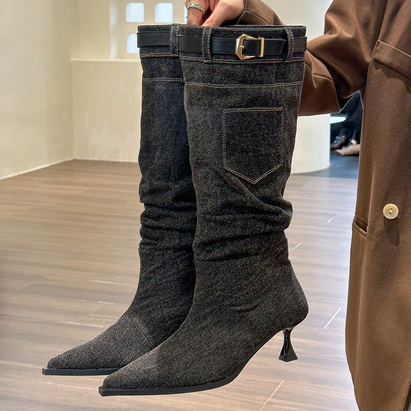 Boots Pleated Denim Thin Heels Long Boot Belt Buckle Knee High Cowboy Woman 2023 Pockets Pointed Toe Jeans Booties Female dh2673044