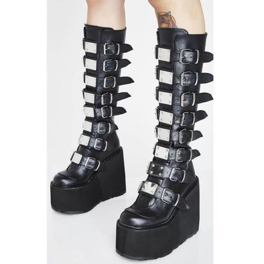 Boots Demonia's Gothic 2023 Dark Rock Punk Platform Wedges Kneehigh Metal Roundtoe Stacked Knight Autumn Spring 230818
