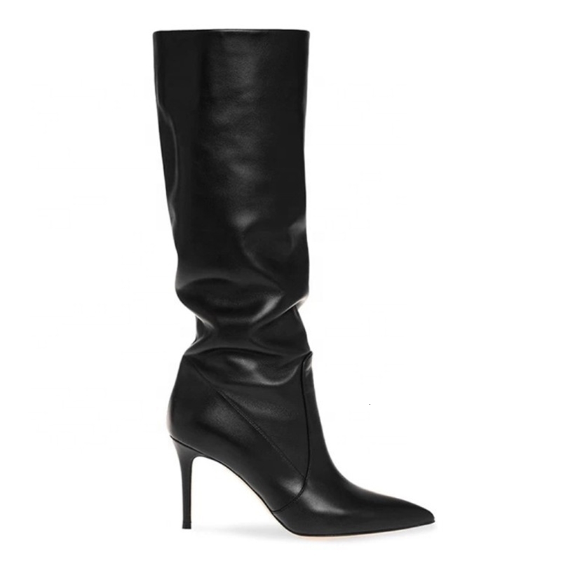 Boots 2023 Black Women Knee High Slouchy Pointed Toe Heel Party Fashion Daily Autumn Winter Shoes 230818