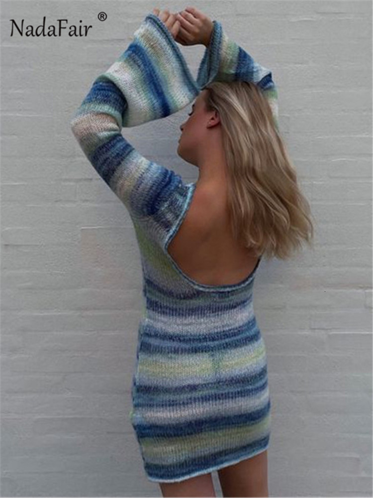 Basic Casual Nadafair Tie Dye Mini Knitted Sweater Dress Women Long Sleeve Autumn Spring Outfits Sexy Backless Beach Bodycon Dresses 230815