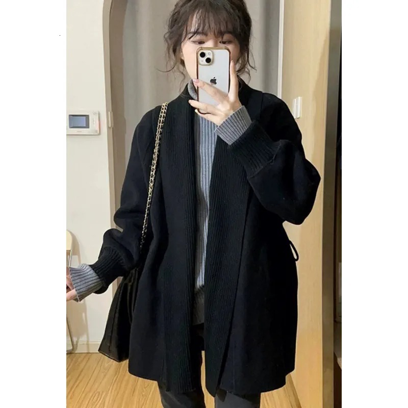 Womens Knits Tees Western style lapel midlength cashmere knit cardigan coat womens autumn and winter lazy loose thick sweater wool 230818