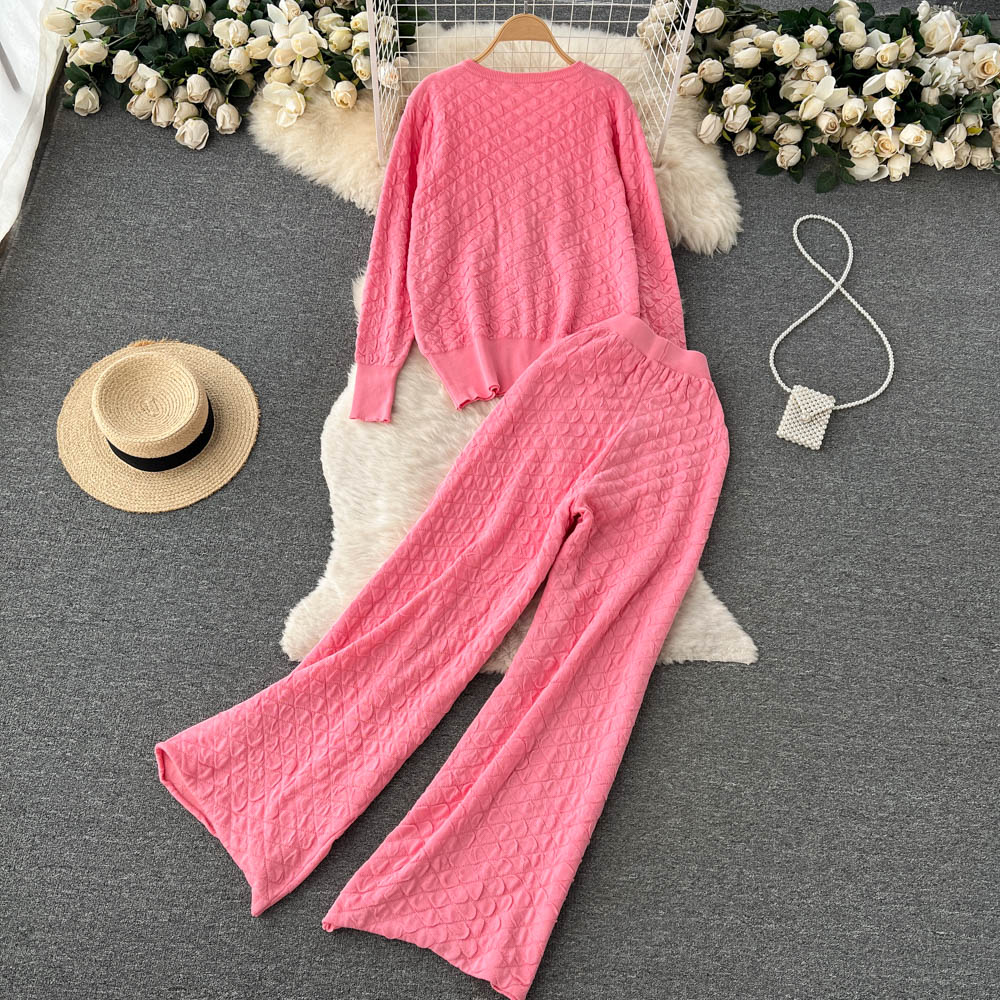 Women's Two Piece Pants Autumn Winter Autumn Winter Knitted Warm Suit Fashion Metal Single Breasted Cardigan Sweater Wide Leg Tracksuits 2pcs Fem