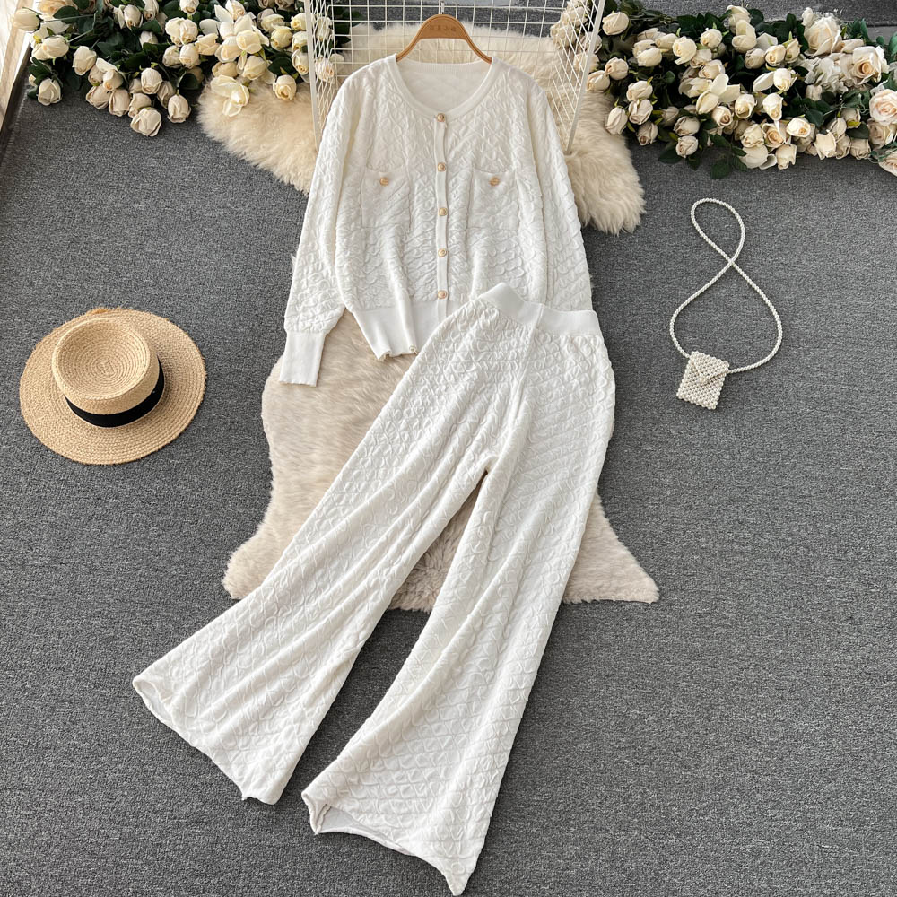 Women's Two Piece Pants Autumn Winter Autumn Winter Knitted Warm Suit Fashion Metal Single Breasted Cardigan Sweater Wide Leg Tracksuits 2pcs Fem