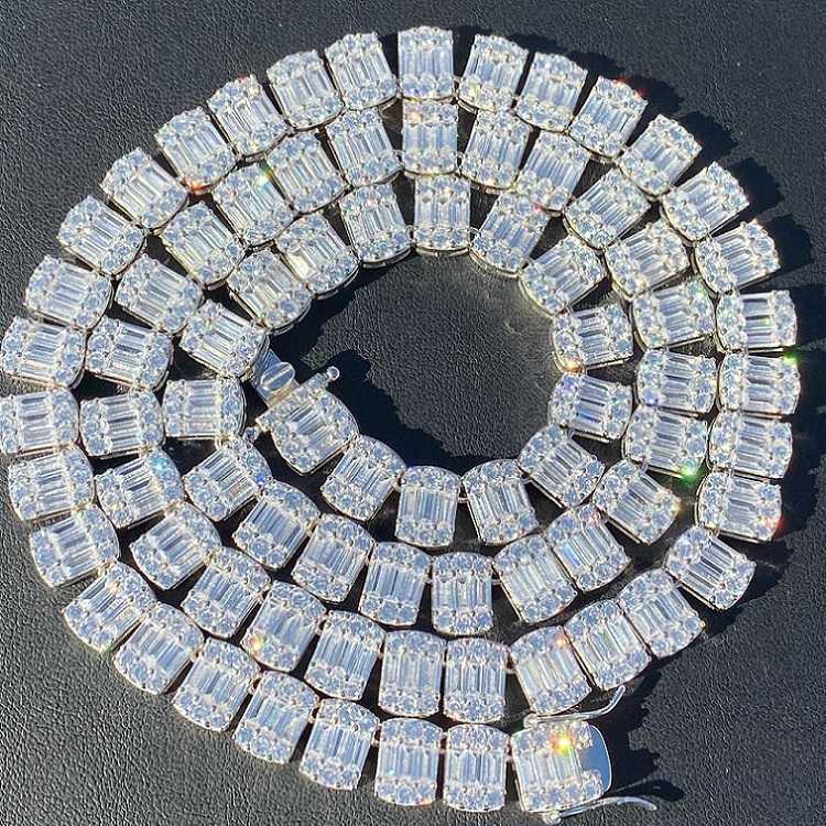 Yu Ying Hip Hop Jewelry Sterling Sier 9mm Width Vvs Baguette Moissanite Cuban Link Chain Necklace