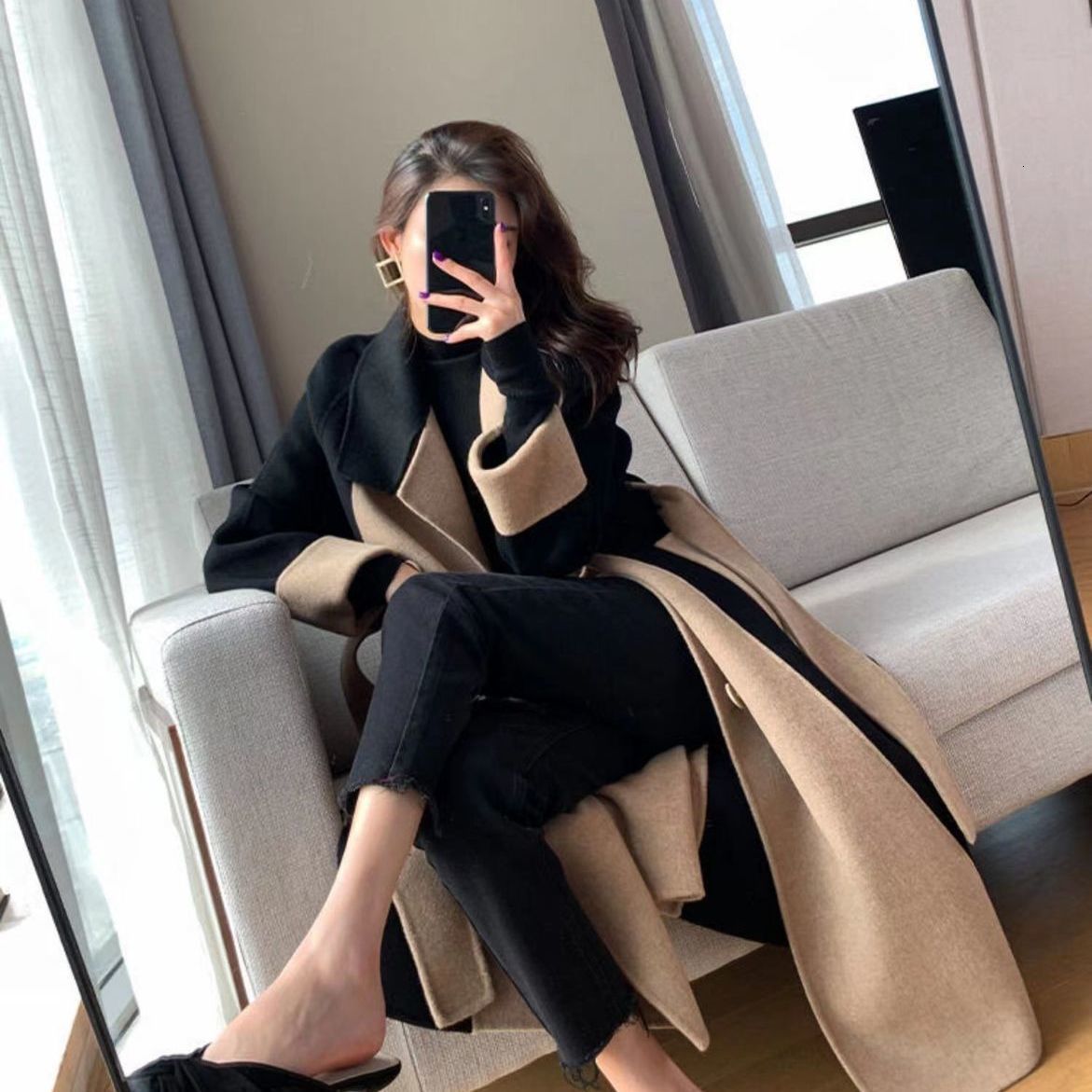 Womens Wool Blends Chic Woolen Patchwork Trench Coat for Women Doublebreasted Cardigan Antiwrinkle Lapel Winter High Sense Overcoat Outwear 230818
