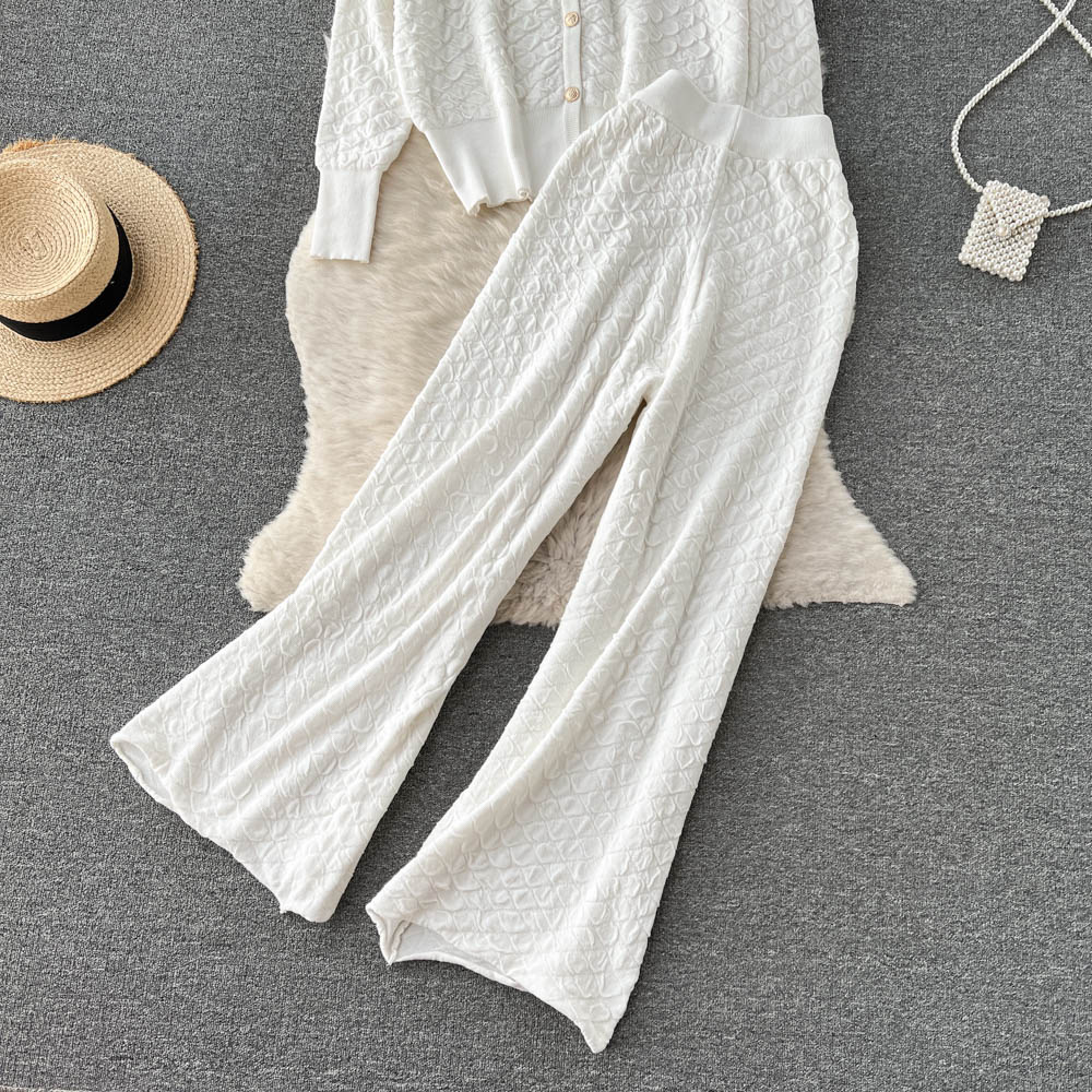 Women's Two Piece Pants Autumn Winter Autumn Winter Knitted Warm Suit Fashion Metal Single Breasted Cardigan Sweater Wide Leg Tracksuits 2pcs Fem