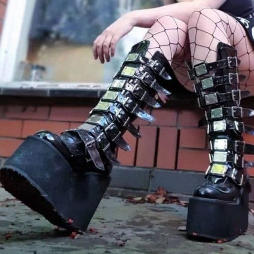 Boots Demonia's Gothic 2023 Dark Rock Punk Platform Wedges Kneehigh Metal Roundtoe Stacked Knight Autumn Spring 230818