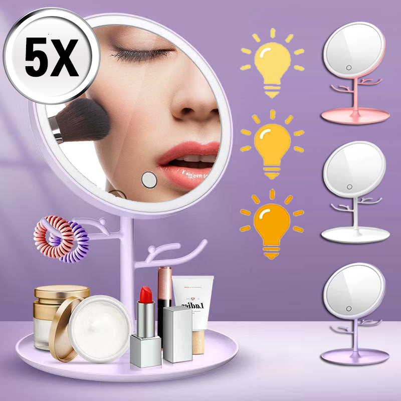 Compact Mirrors Smart 5X Magnifying Makeup Mirror With Led Light Travel Portable Table Round Vanity Mirrors With Stand Cosmetics Rangement Tools 23081