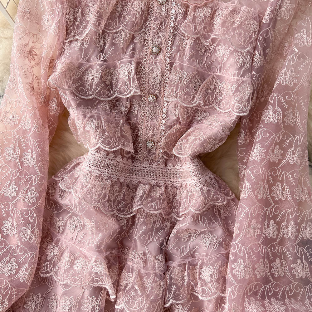 Basic Casual Dresses High Quality Gorgeous Flower Embroidery Dress Women Autumn Long Sleeve Beading Layer Cake Sweet Girls Cascading Ruffles Vestido
