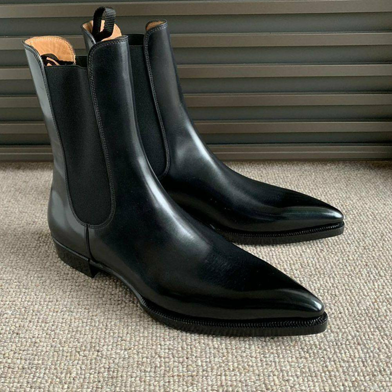 Men's Boots, Black Ankle Slip On Round Toe Leather Business Work Boots Size 38-48