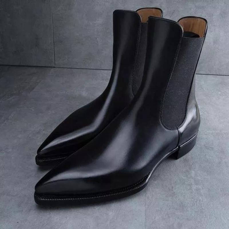 Men's Boots, Black Ankle Slip On Round Toe Leather Business Work Boots Size 38-48