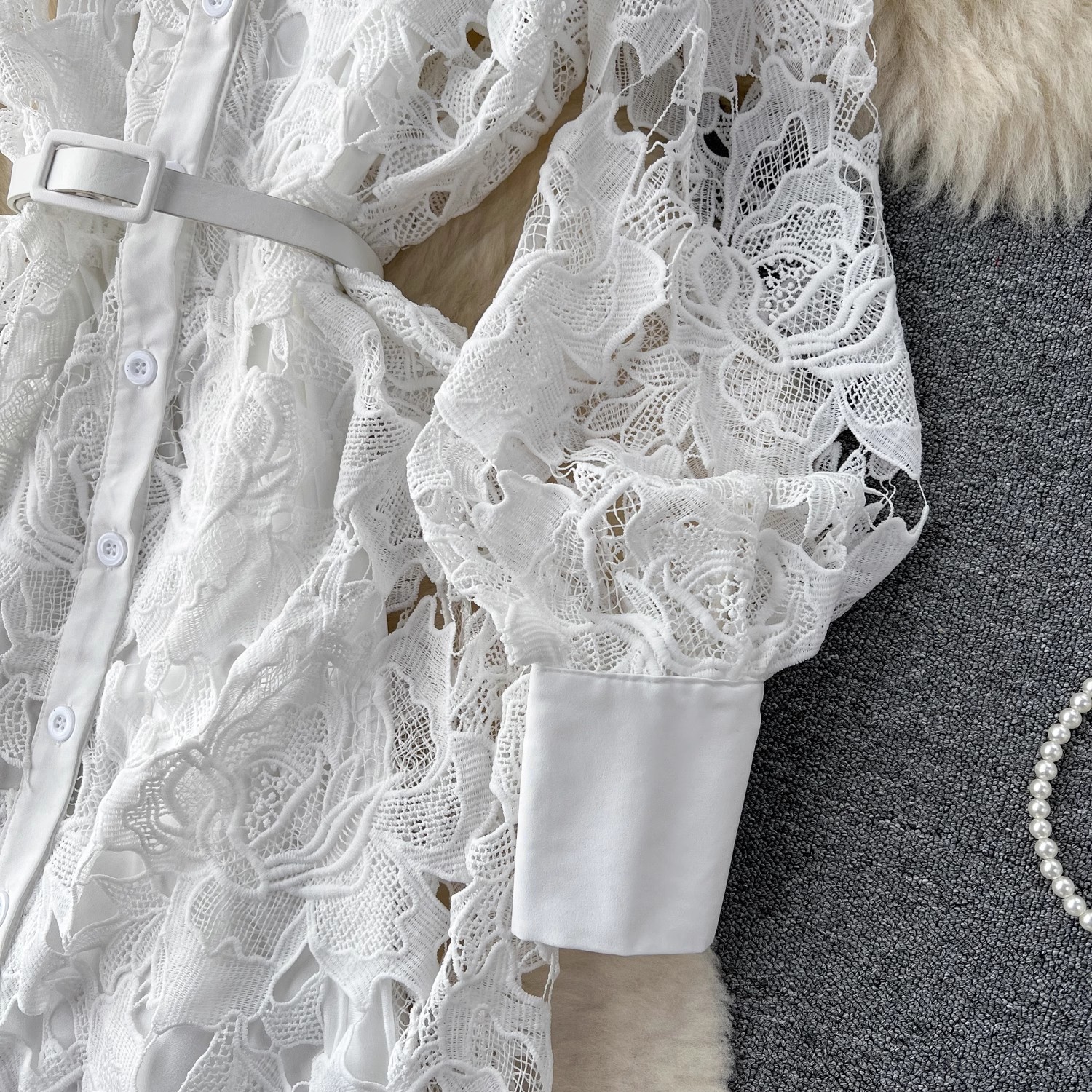 Basic Casual Dresses Summer Elegant White Water Soluble Lace Embroidery Dress Women Long Sleeve Hollow Out Single Breasted Belt Party Vestidos 2025