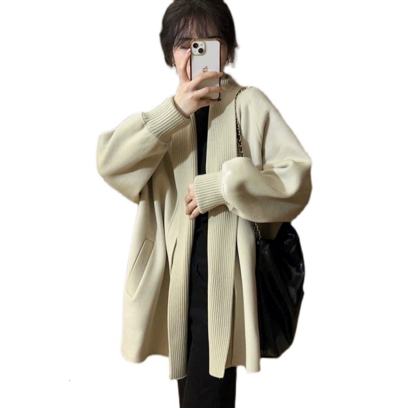Womens Knits Tees Western style lapel midlength cashmere knit cardigan coat womens autumn and winter lazy loose thick sweater wool 230818