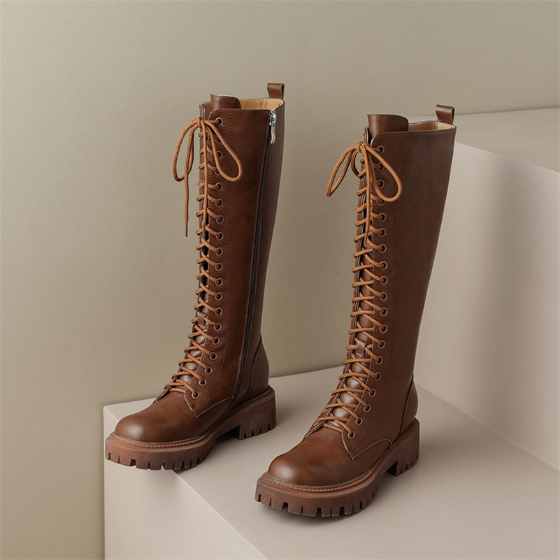 Boots Meotina Women Genuine Leather Knee High Riding Round Toe Flat Zipper Laceup Warm Ladies Long Boot Autumn Winter Shoes 43 230818 ae89