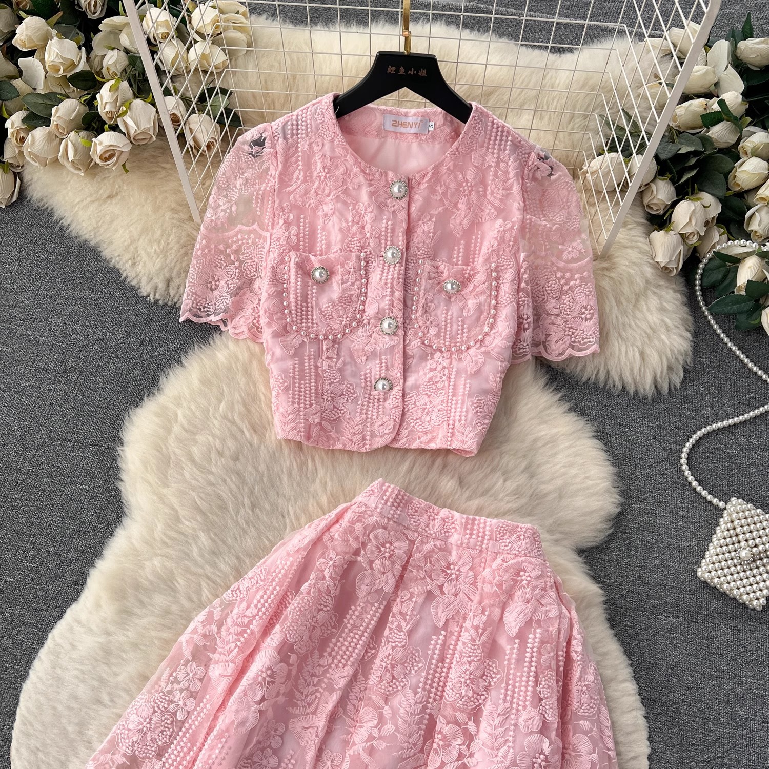 Two Piece Dress Small Fragrant Embroidery Flower Two Piece Set Women Short Sleeve Pearls Buttons Pocket Lace Mesh Crop Top Midi Skirts Suit 2024