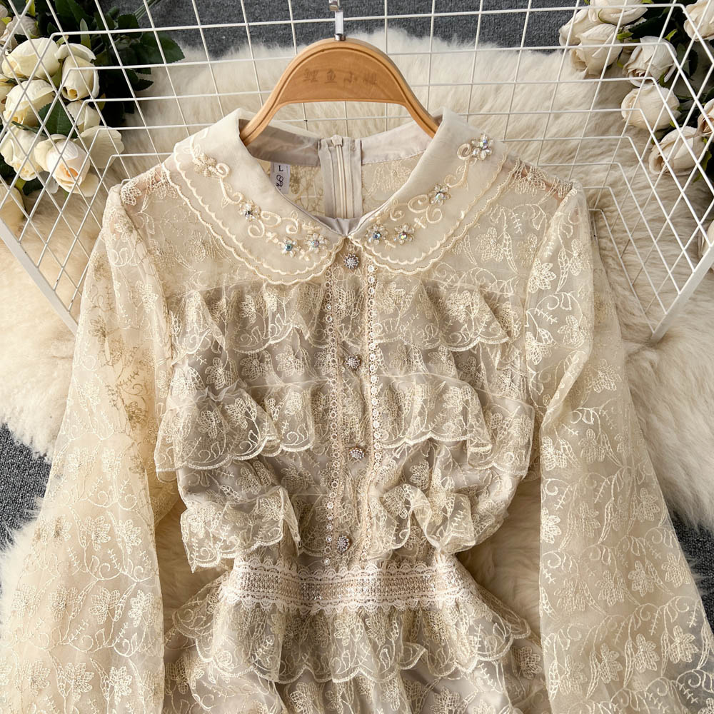 Basic Casual Dresses High Quality Gorgeous Flower Embroidery Dress Women Autumn Long Sleeve Beading Layer Cake Sweet Girls Cascading Ruffles Vestido
