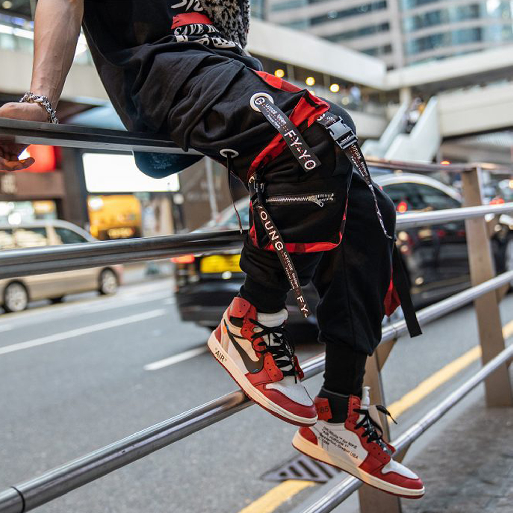 Men's Pants Cargo Casual Hip Hop Hit Color Multiple Pockets Trousers Streetwear Ribbons Techwear Sweatpants 230817