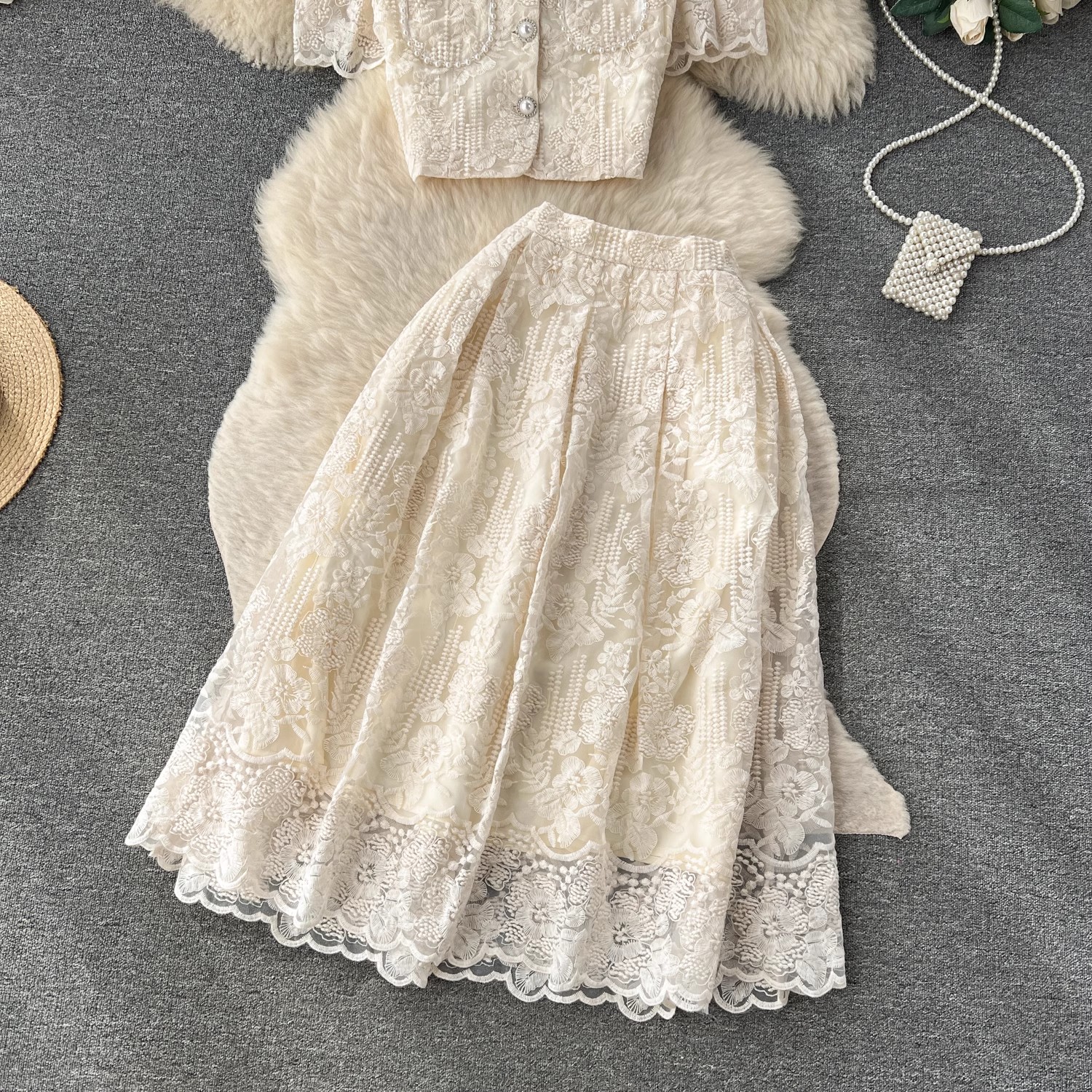 Two Piece Dress Small Fragrant Embroidery Flower Two Piece Set Women Short Sleeve Pearls Buttons Pocket Lace Mesh Crop Top Midi Skirts Suit 2024