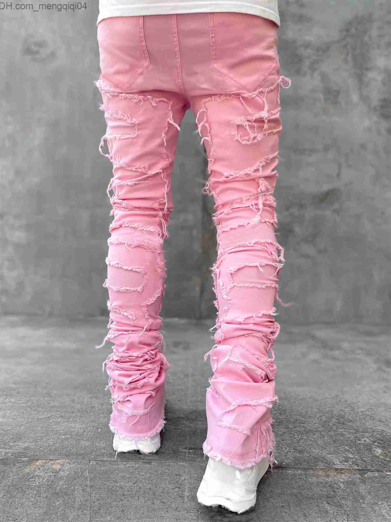 Men's Pants Men's Tight Jeans with Hip Hop Edge R Elastic Patch Punk Rock Long Tight Jeans Stacked Jeans Denim Pants Blue Pink Street Clothi