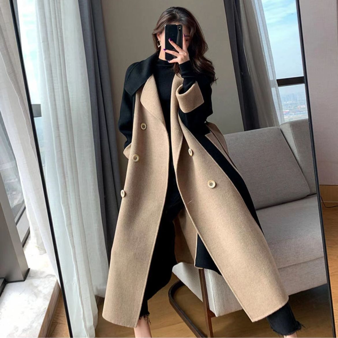 Womens Wool Blends Chic Woolen Patchwork Trench Coat for Women Doublebreasted Cardigan Antiwrinkle Lapel Winter High Sense Overcoat Outwear 230818