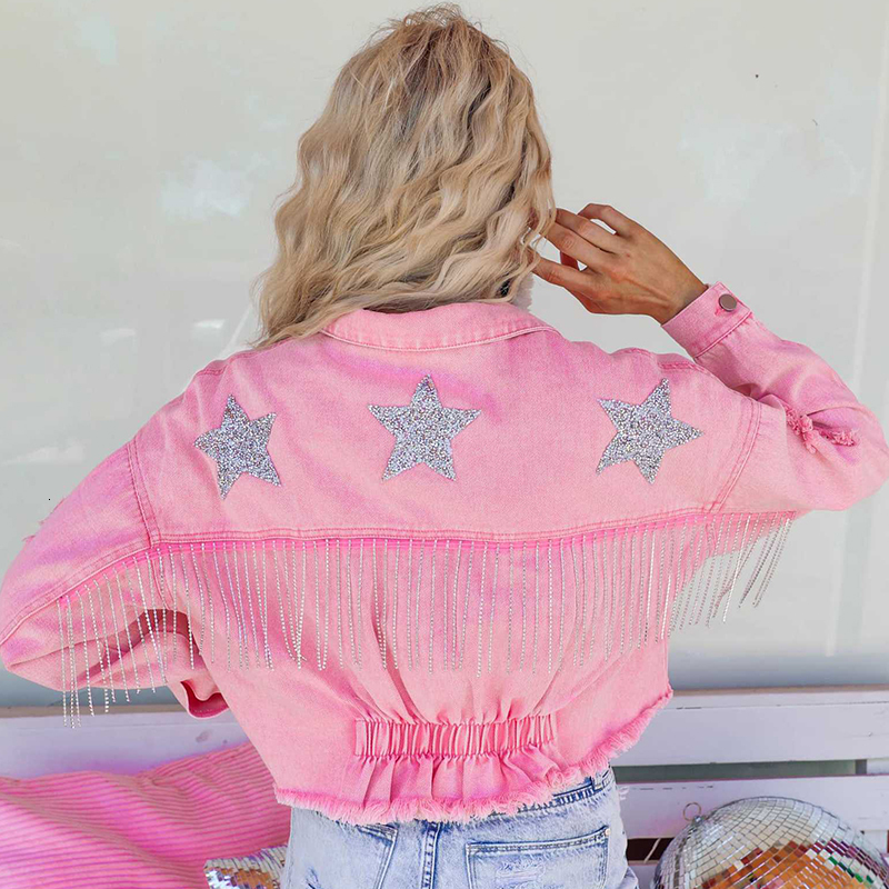 Womens Jackets Casual ButtonUp Tassels FivePointed Star Diamond Denim Jacket Women Streetwear Fringed Jean In outerwears Chic Coat Top 230818