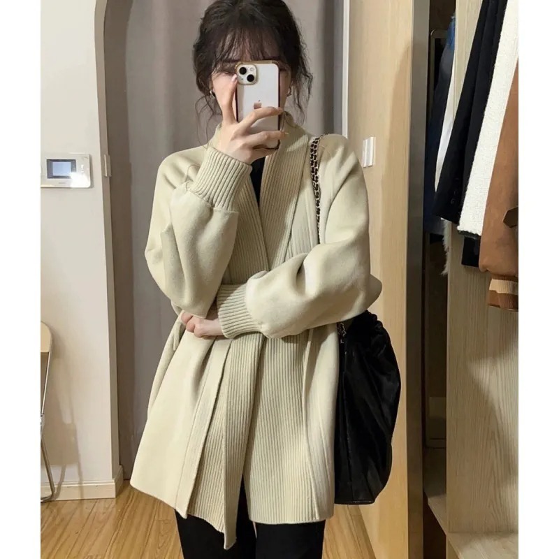 Womens Knits Tees Western style lapel midlength cashmere knit cardigan coat womens autumn and winter lazy loose thick sweater wool 230818