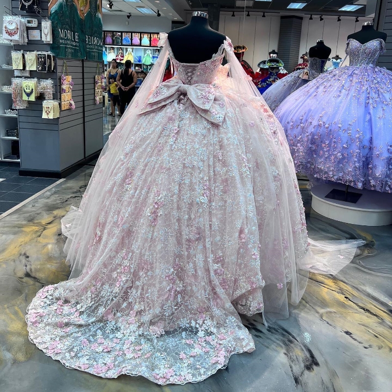 2025 Pink Sexy V-Neck Sweet Quinceanera Dresses 3D Flower With Cape Sweet 15 Birthday Party Gowns Luxury Girl vestidos de 15 anos