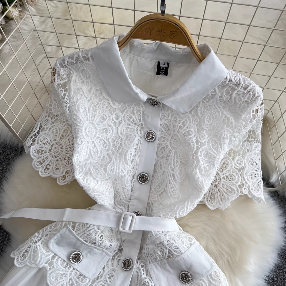 Basic Casual Dresses Summer Elegant Crochet Lace Patchwork Chiffon Pleated Dress Womens Short Sleeve Hollow Out Flower Buttons Belt Runway Vest