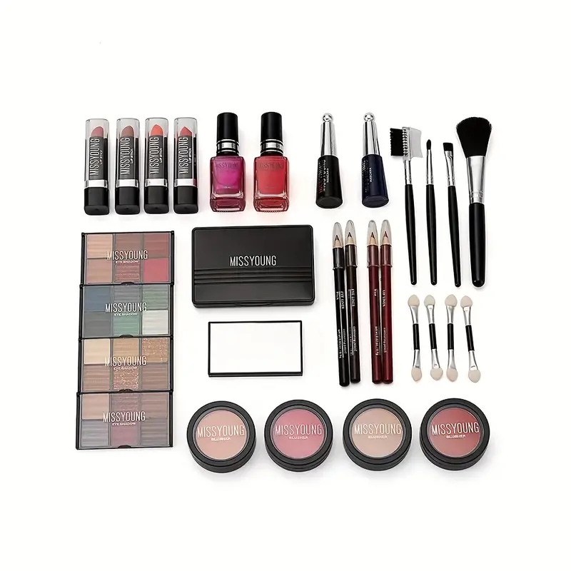 Makeup Set, Blush Eyeshadow Nail Polish Lipstick Eyeliner And Lip Liner Pencil Set Box, With Matching Brushes Set Cosmetics Box