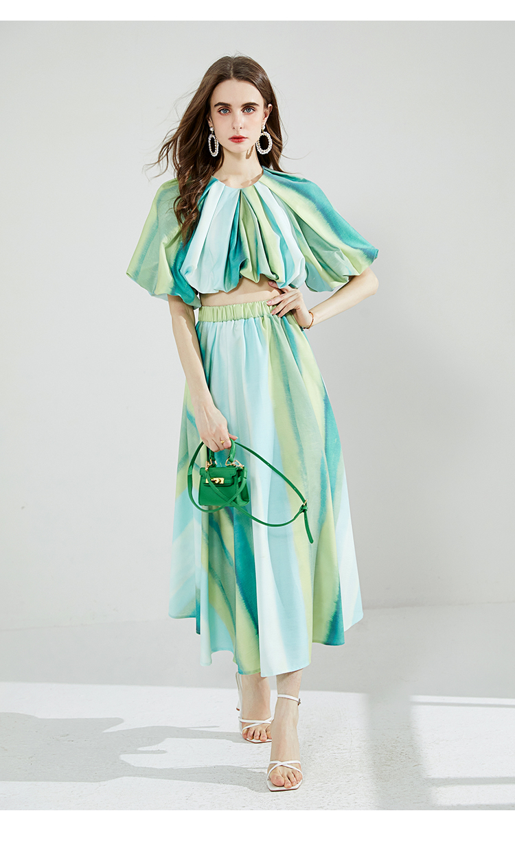 Two Piece Dress Summer Holiday Colorful Gradient Striped Two Piece Set Women Short Puff Sleeve Top Elastic Waist Woven Cotton Maxi Skirts Suit 2024