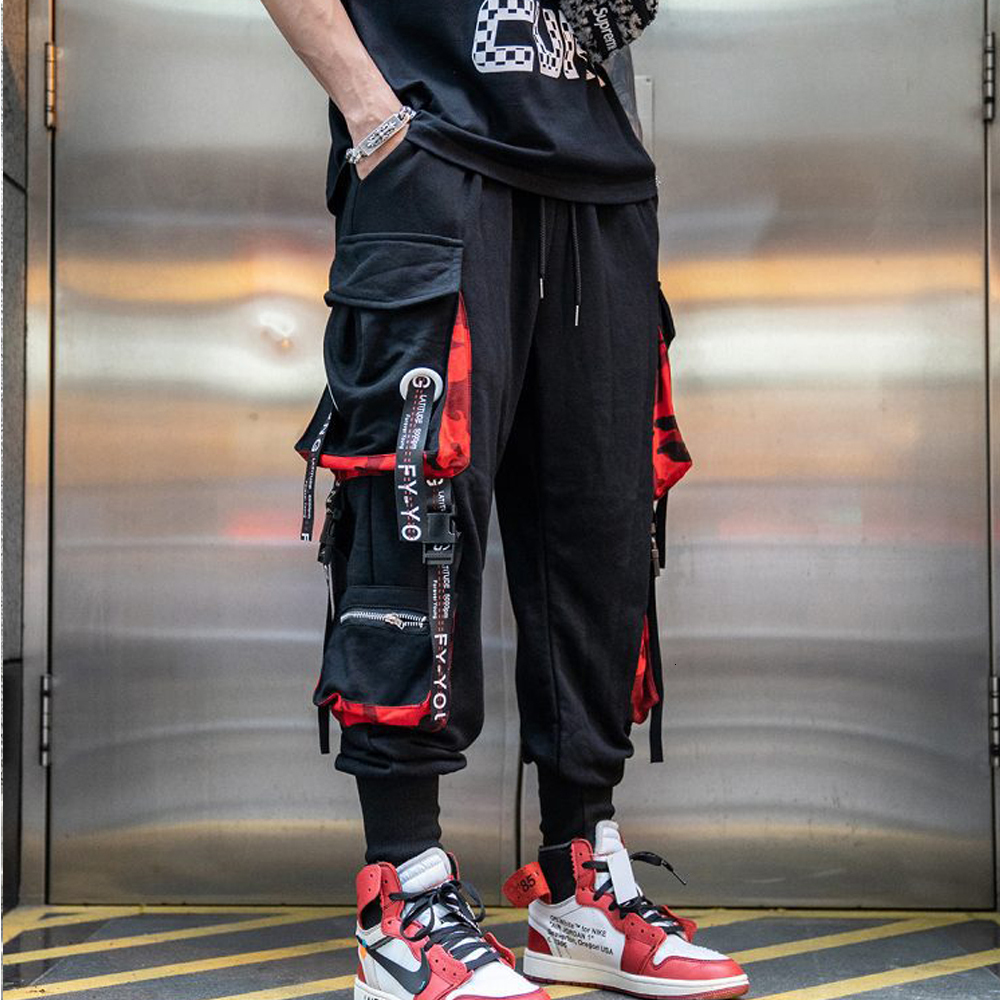 Men's Pants Cargo Casual Hip Hop Hit Color Multiple Pockets Trousers Streetwear Ribbons Techwear Sweatpants 230817