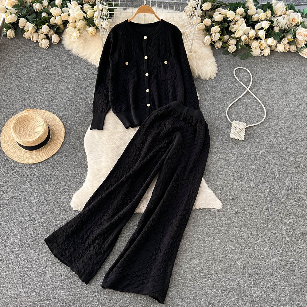 Women's Two Piece Pants Autumn Winter Autumn Winter Knitted Warm Suit Fashion Metal Single Breasted Cardigan Sweater Wide Leg Tracksuits 2pcs Fem