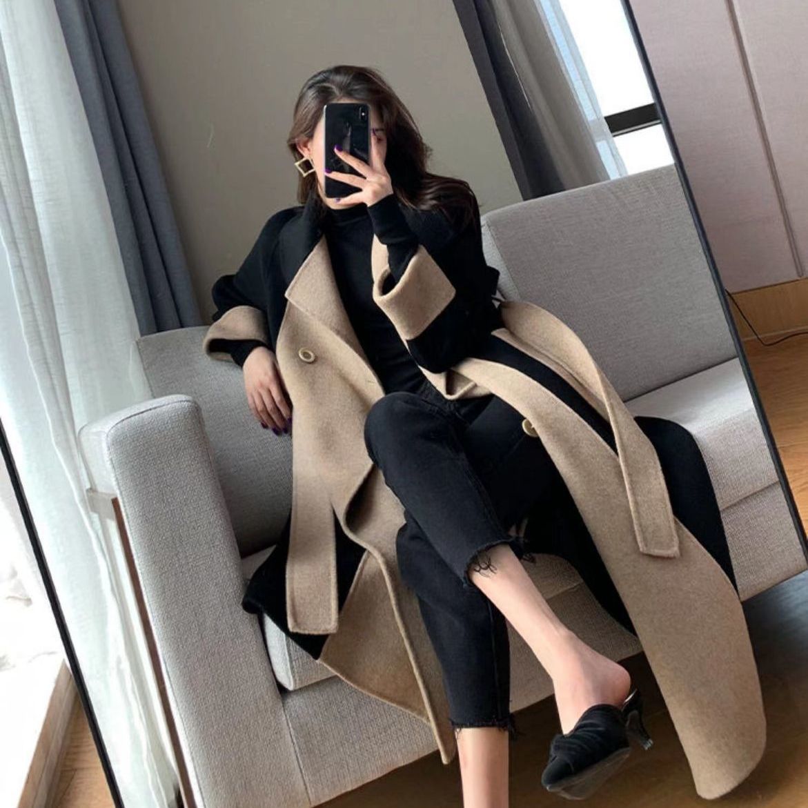 Womens Wool Blends Chic Woolen Patchwork Trench Coat for Women Doublebreasted Cardigan Antiwrinkle Lapel Winter High Sense Overcoat Outwear 230818