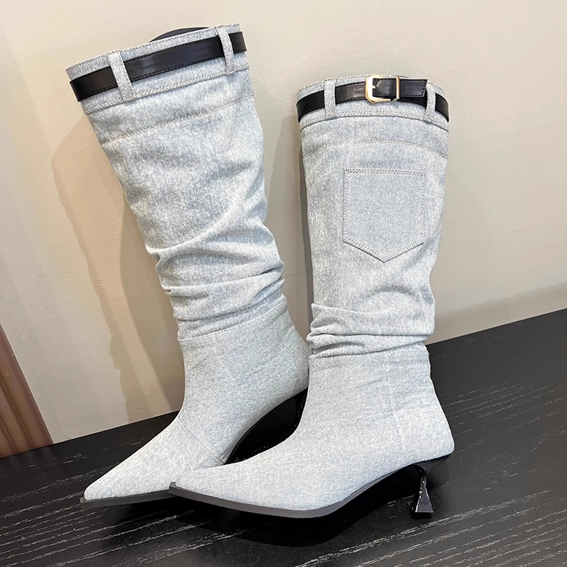 Boots Pleated Denim Thin Heels Long Boot Belt Buckle Knee High Cowboy Woman 2023 Pockets Pointed Toe Jeans Booties Female dh2673044