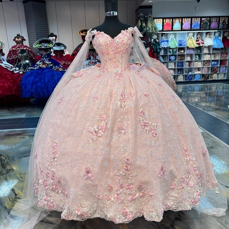 2025 Pink Sexy V-Neck Sweet Quinceanera Dresses 3D Flower With Cape Sweet 15 Birthday Party Gowns Luxury Girl vestidos de 15 anos