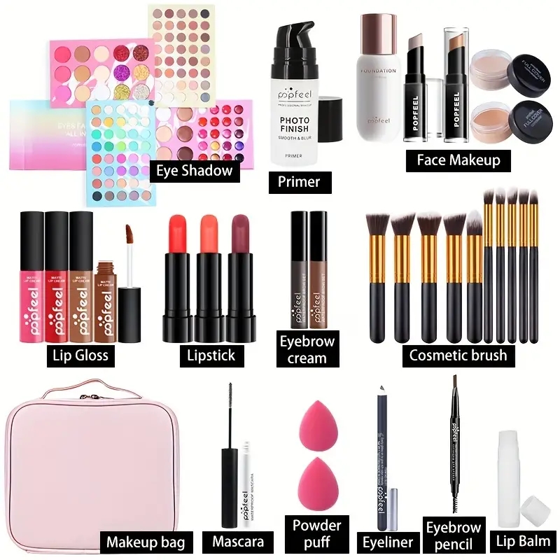 Complete Makeup Set for Beginners - Includes Eyeshadow, Lip Gloss, Foundation, Lipstick, and Concealer - Perfect for Creating a Flawless Look