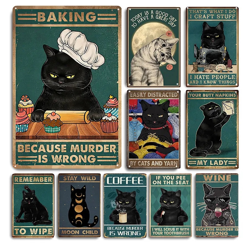 Vintage Decorative Plaques Inspirational Cats Animal Art Picture Cute Pet Metal Signs Bar Decor Poster Boards Modern Home Funny Wall Decor Painting 30