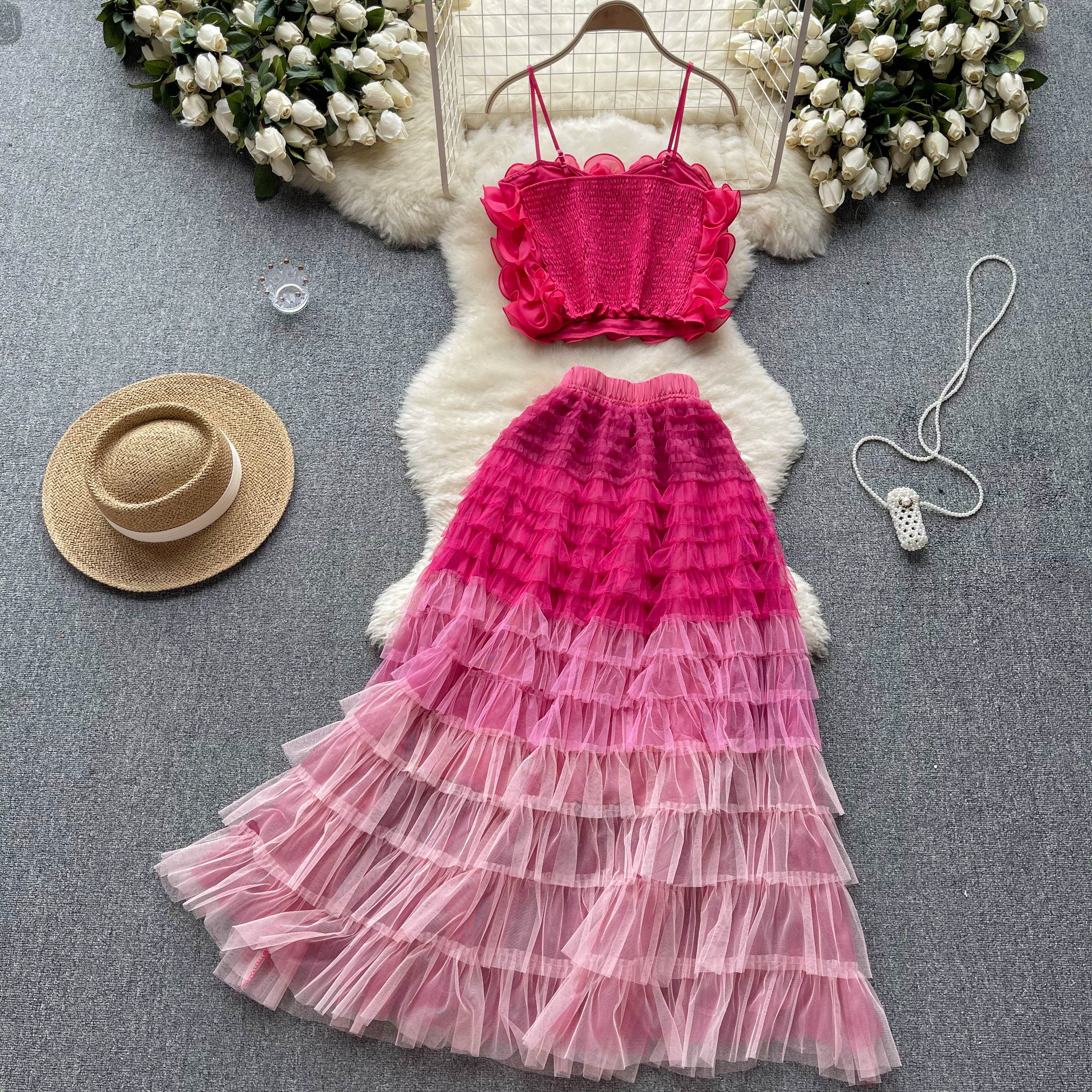 Women Summer Two Piece Dress Floral Sets Sexy 2024 Womens Suit Printed Beach Outfits For Woman 2 Pieces Crop Top High Waist Pleated Skirt