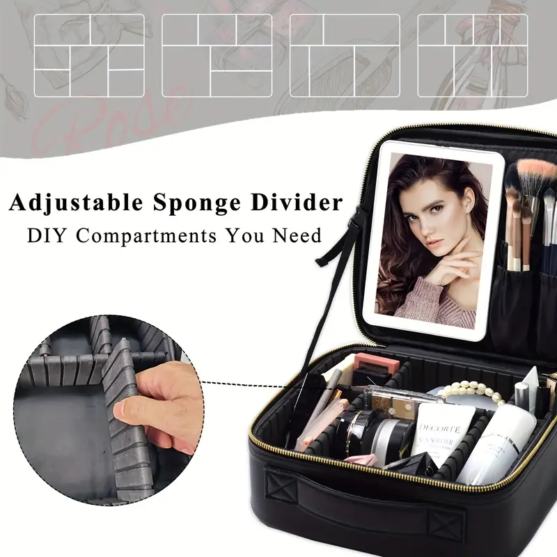 LED Makeup Bag Travel Case With Large Lighted Mirror Partitionable Cosmetic Bag Professional Cosmetic Artist Organizer, Waterproof Portable, Accessori
