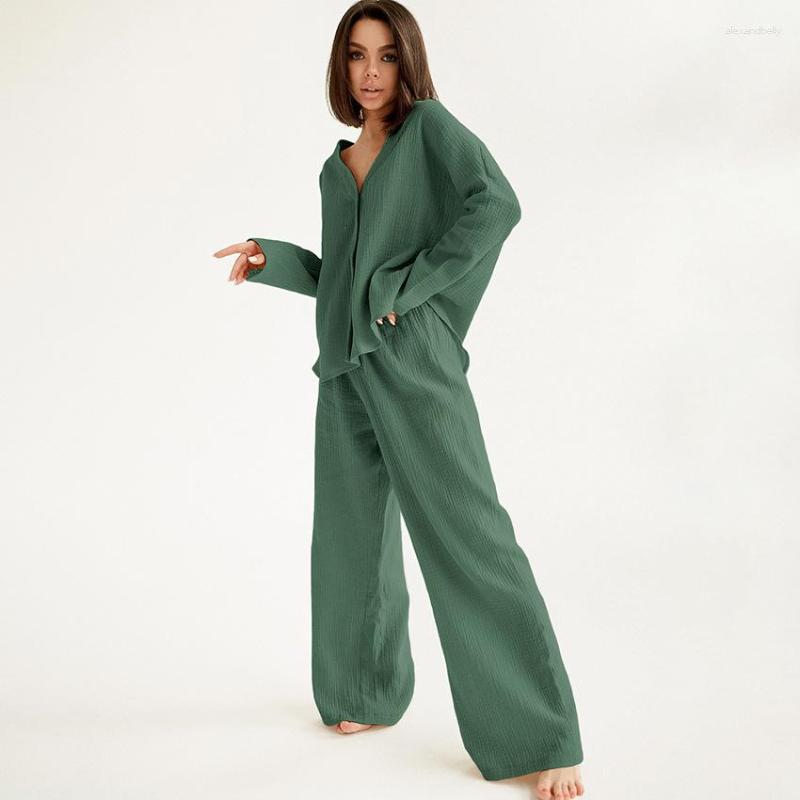 Women's Sleepwear Pajamas Set Loose And Comfortable Long Sleeved Cardigan Top Pants 2PCS Cotton Casual Home Wear Loungewear