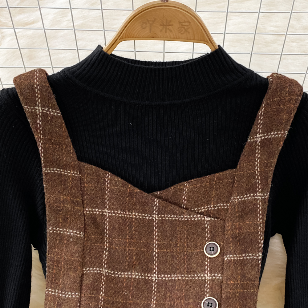 Two Piece Dress Summer High Quality Fall Winter Women Sweater Overalls Dress Sets Casual Knitted Tops +Plaid Woolen Dress 2 Piece Sets Outfits Female 