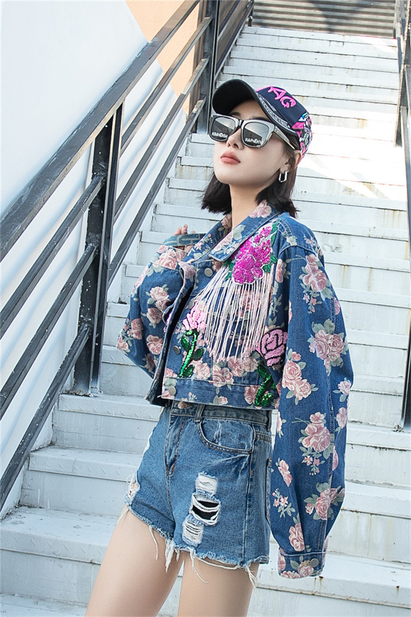Women's Outerwear Autumn Harajuku Sequined Flower Print Chain Tassel Women Short Denim Outwear Frayed Hole Lapel Long Sleeve Casual Jeans Jacket 