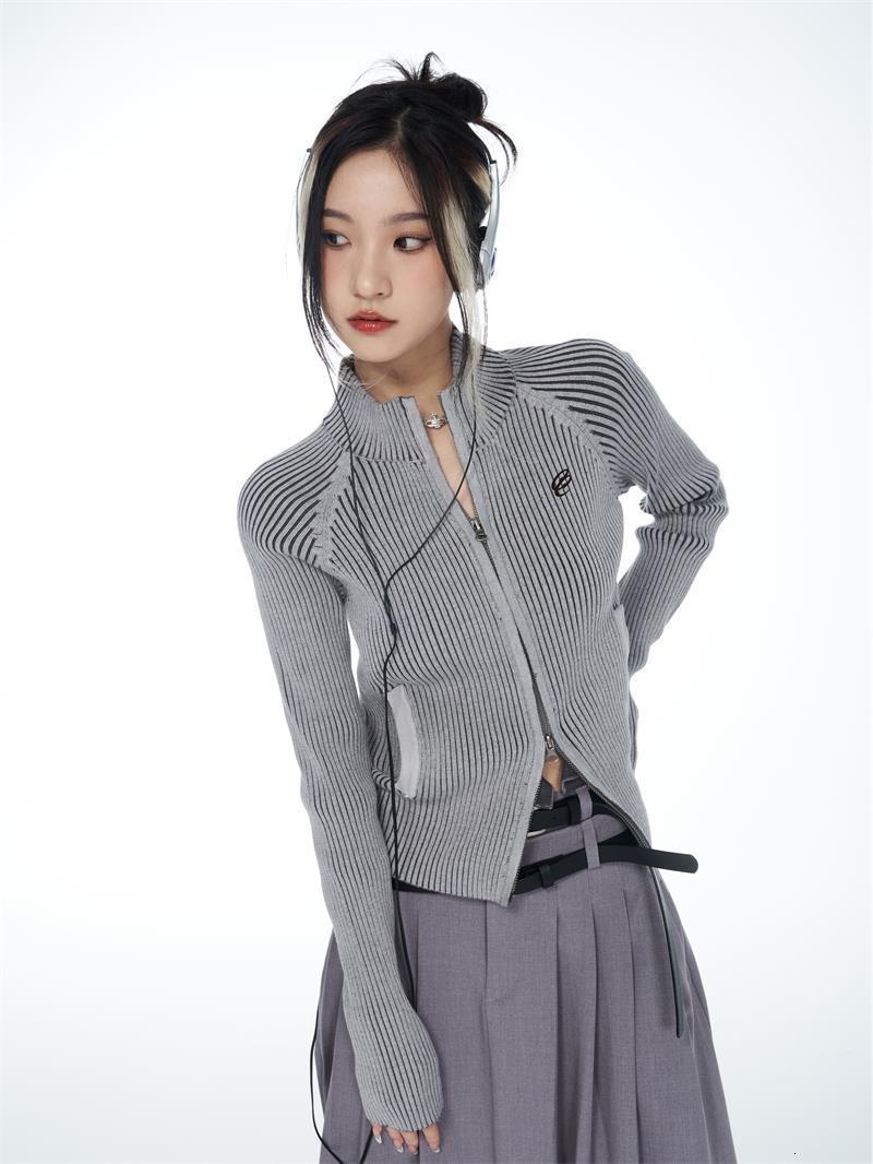 Women's Knits Tees Grey Vintage Zipper Cardigan Women Embroidery Y2k Aesthetic Grunge Sweater Short Jackets Basic Female Slim Knitted Coats Femme