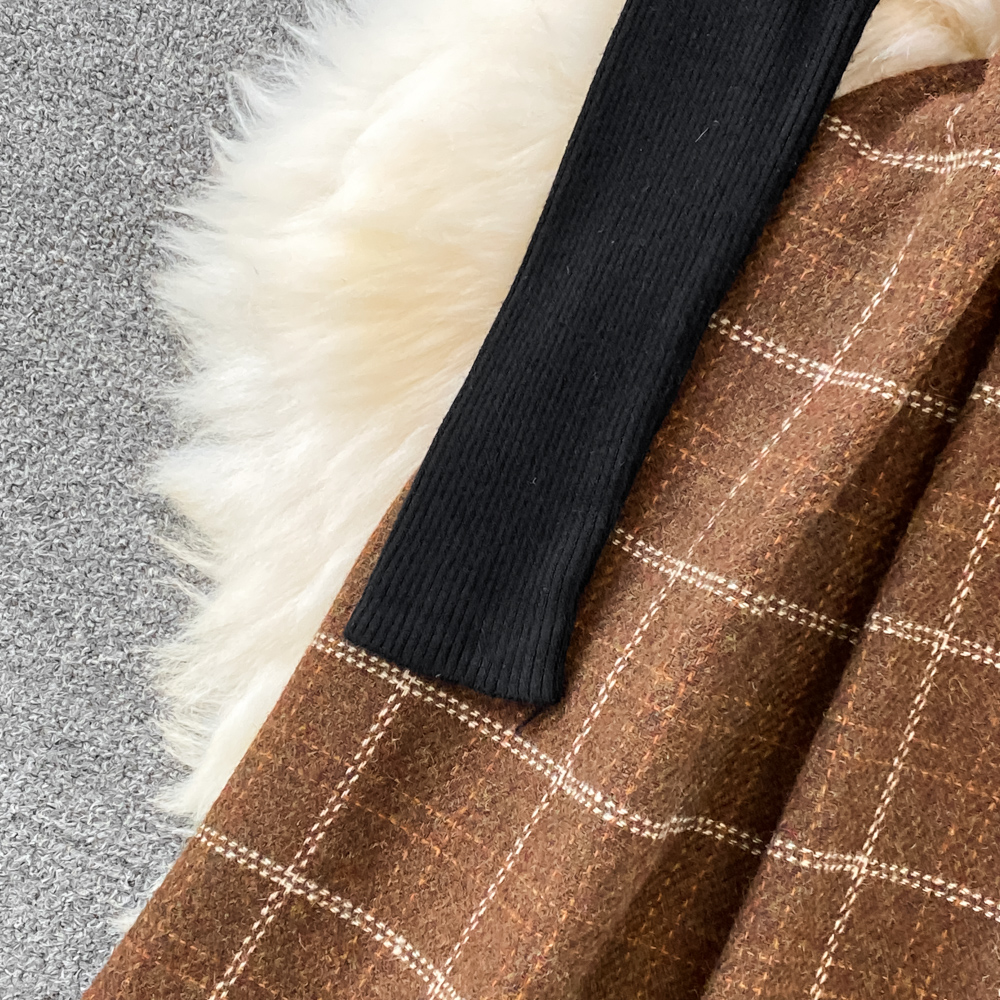 Two Piece Dress Summer High Quality Fall Winter Women Sweater Overalls Dress Sets Casual Knitted Tops +Plaid Woolen Dress 2 Piece Sets Outfits Female 