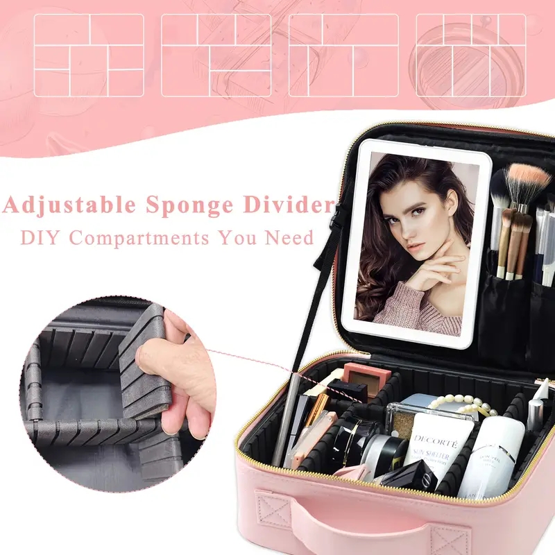 LED Makeup Bag Travel Case With Large Lighted Mirror Partitionable Cosmetic Bag Professional Cosmetic Artist Organizer, Waterproof Portable, Accessori