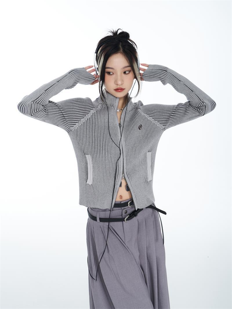 Women's Knits Tees Grey Vintage Zipper Cardigan Women Embroidery Y2k Aesthetic Grunge Sweater Short Jackets Basic Female Slim Knitted Coats Femme