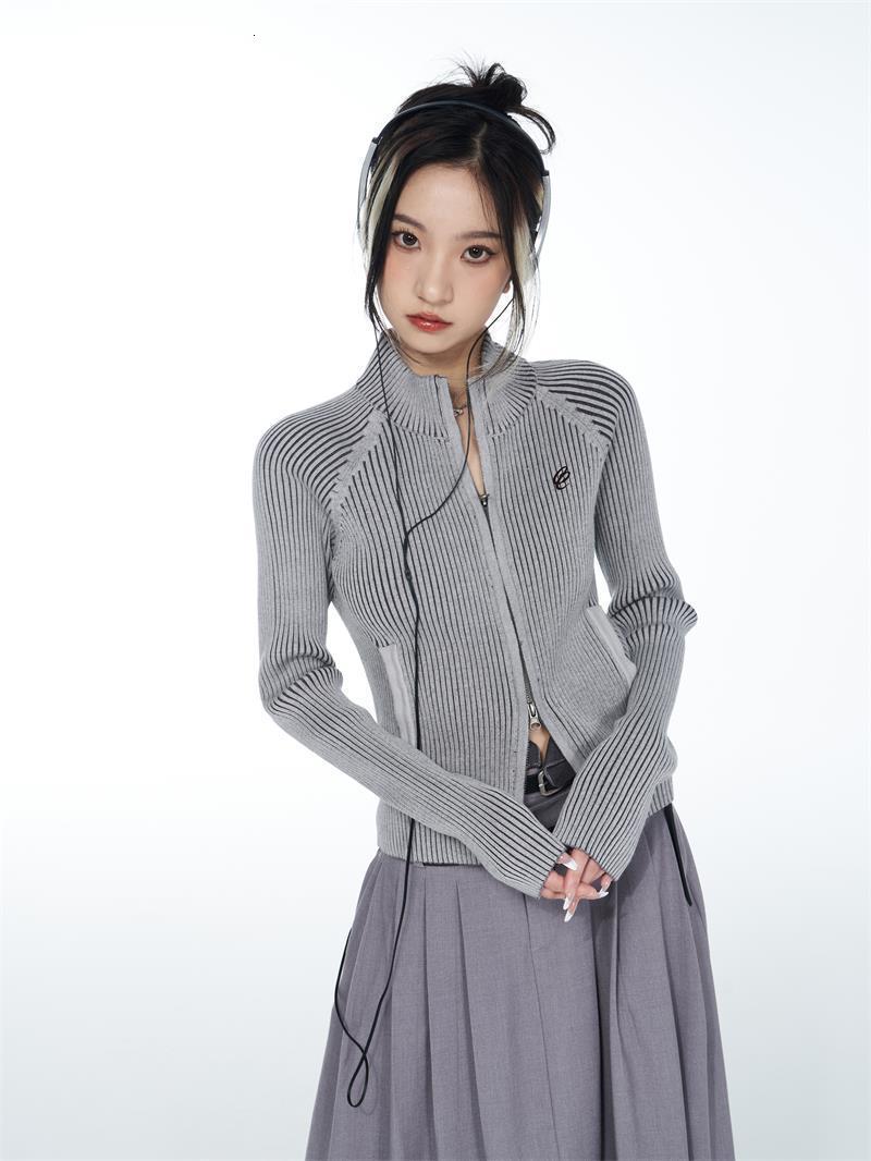 Women's Knits Tees Grey Vintage Zipper Cardigan Women Embroidery Y2k Aesthetic Grunge Sweater Short Jackets Basic Female Slim Knitted Coats Femme