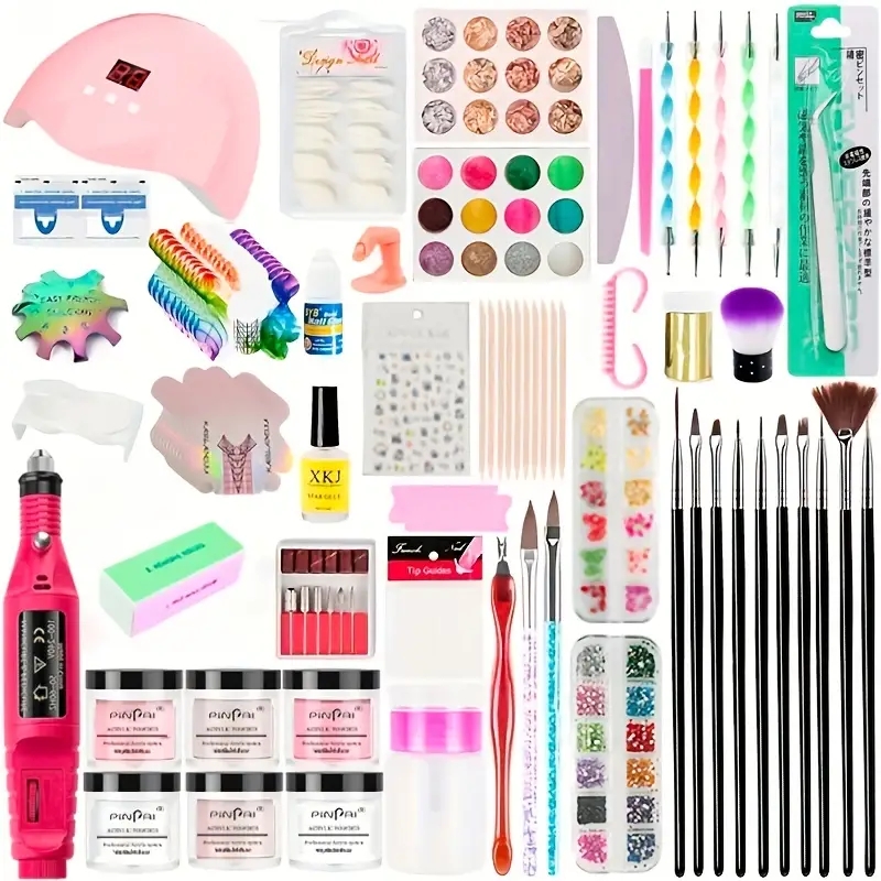 Acrylic Nail Art Kit Nail Art Manicure Set Acrylic Powder Brush Glitter File French Tips UV Lamp Nail Art Decoration Tools Nail Drill Set For Beginner